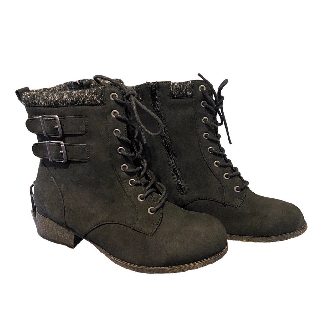 Jellypop Plucky Black Combat Boots Lace Up Side Zip Buckle Knit Collar Mens 9.5M